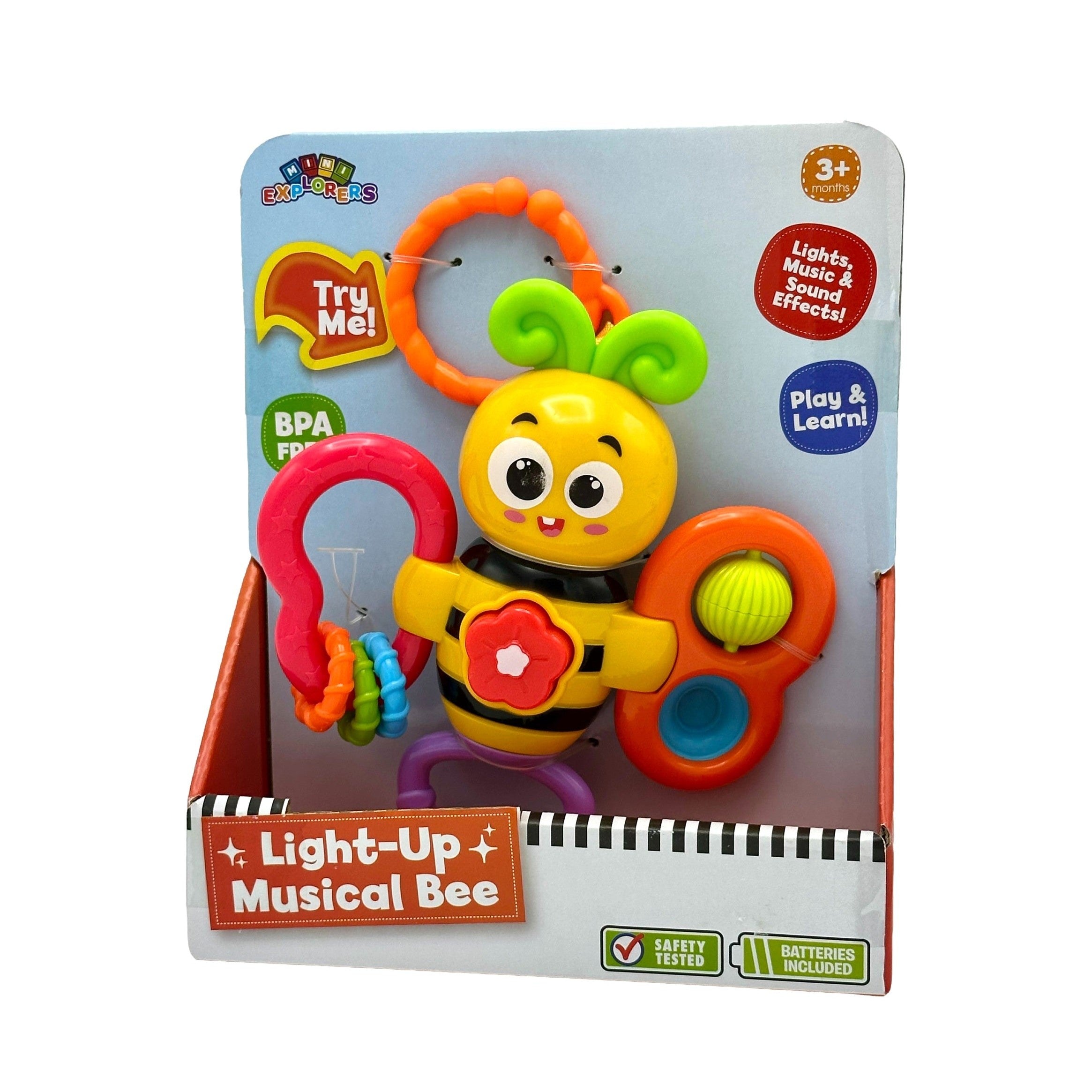 Packaged "Light-Up Musical Bee" toy for infants with colorful plastic loops and parts.